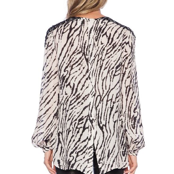 Haute Hippie Small S Silk Zebra Printed Long Sleeve Blouse Sequin Buff Black - Picture 14 of 15